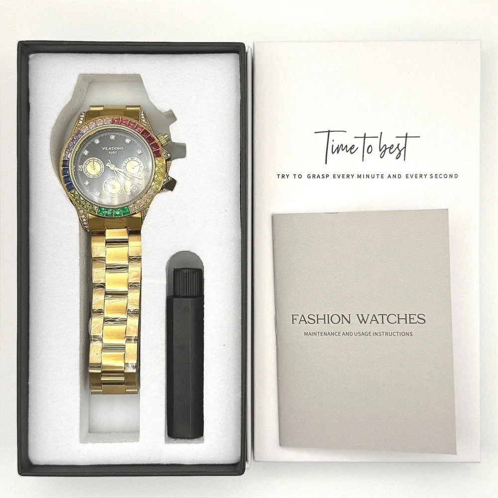Veadons 1985 Gold Rainbow Crystal Bezel Chronograph Watch Black Dial New